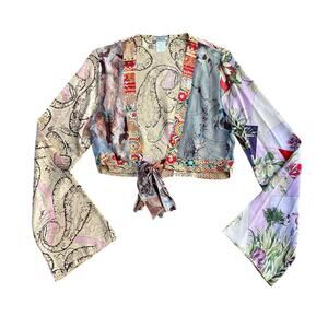 Froxx Overlay Silk Top Size M Bell Sleeve Floral Tie Front Multi Fabric Classy
